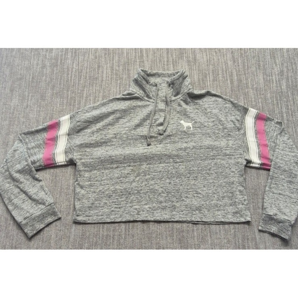 VS Pink womens gray cropped sweatshirt SM high neck drawstring dog logo athletic
